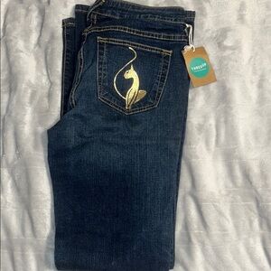 Women’s Y2K 2000’s Jeans with gold Swarovski crystal cat on pocket